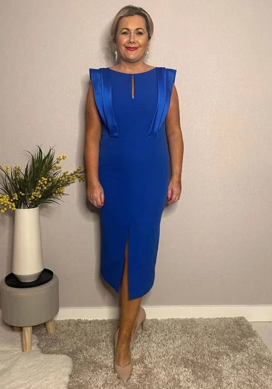 Caroline Kilkenny Brooke Satin Shoulder Midi Dress, Blue Comfortable Stretch Midi Dress