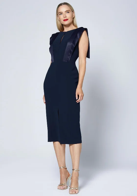 Caroline Kilkenny Brooke Satin Shoulder Midi Dress, Navy Comfortable Ribbed Midi Dress