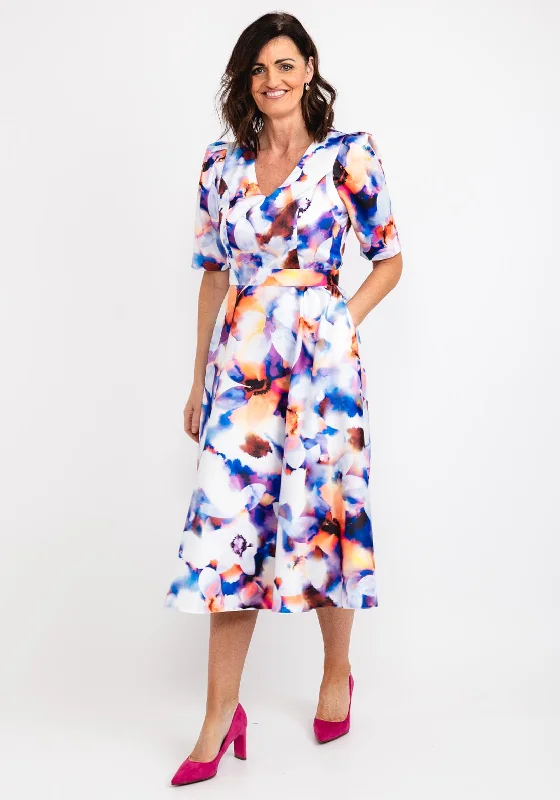 Casting Watercolour Floral Midi Dress, Blue Multi Elegant Satin Button Midi Dress