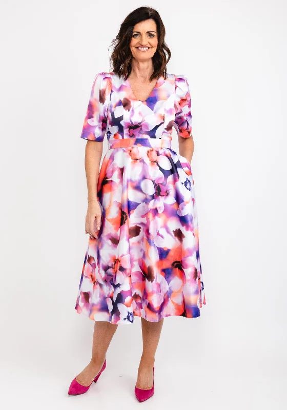 Casting Watercolour Floral Midi Dress, Violet Multi Stylish Silk Midi Dress