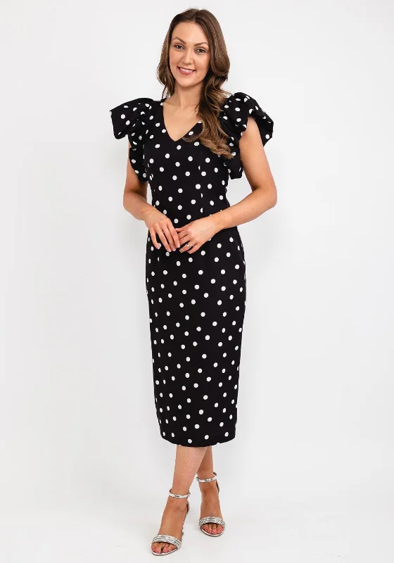 Casting Polka Dot Gathered Shoulder Midi Dress, Black Stylish High-Waisted Midi Dress