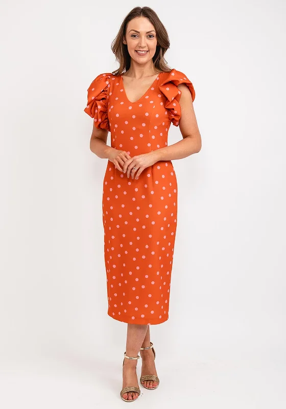 Casting Polka Dot Gathered Shoulder Midi Dress, Orange & Pink Stylish Long Sleeve Floral Midi Dress