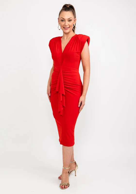 Casting Ruched Drape Midi Dress, Red Trendy Off-Shoulder Button Midi Dress