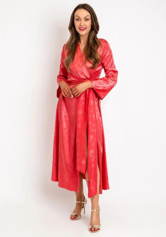 Cayro Sofia Satin Wrap Midi Dress, Coral Fashionable Wide Leg Midi Dress