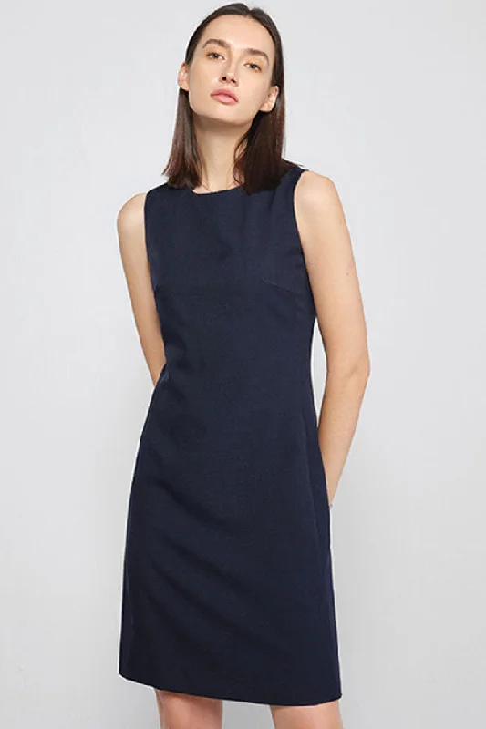 Chic Round Neck Solid Color Fitted Sleeveless Mini Dress - Navy Blue Trendy Button-Detail Mini Dress