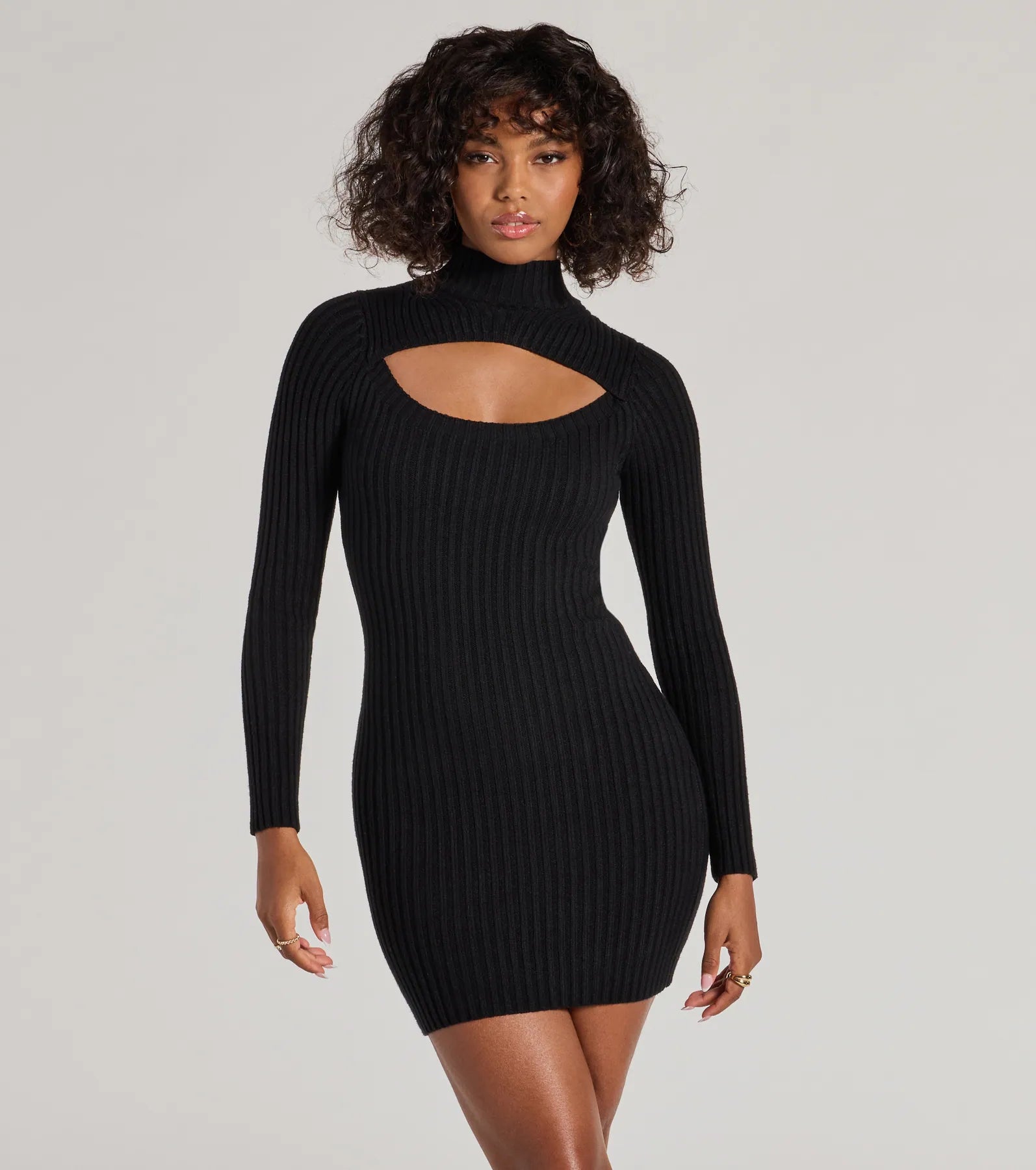 Chic Season Mock Neck Cutout Ribbed Knit Mini Dress Comfortable Bodycon Mini Dress