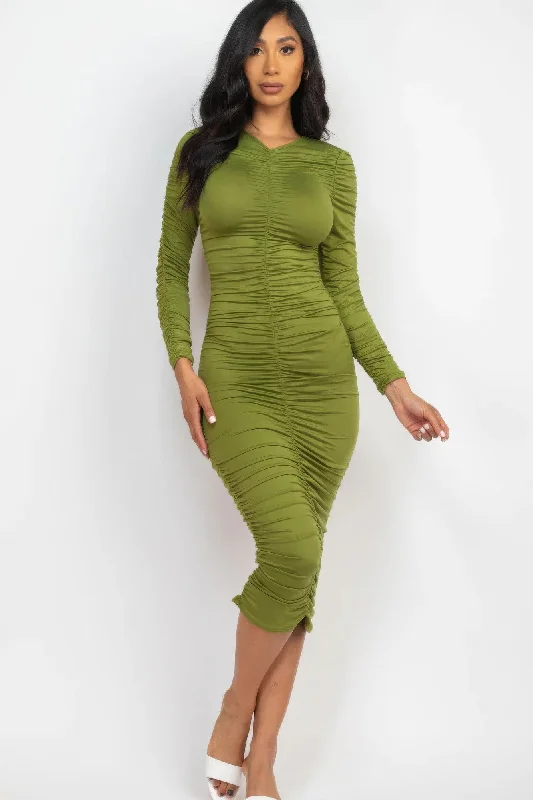 Olive Green Ruched Long Sleeve Bodycon Midi Dress Trendy Midi Dress with Belt