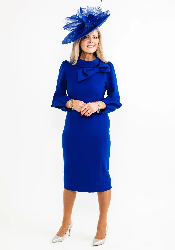 Claudia C Maia Bow Neck Midi Dress, Royal Blue Comfortable Short Sleeve Midi Dress