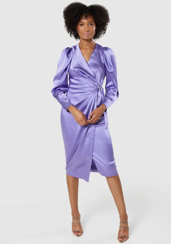 Closet London Satin Wrap Style Midi Dress, Purple Fashionable A-Line Midi Dress