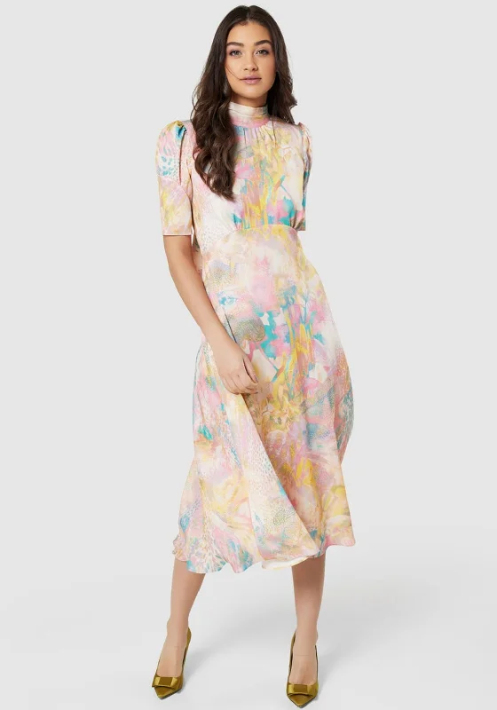 Closet London Multi Marble Print A-Line Midi Dress, Soft Pink Stylish Midi Dress with Cuffs