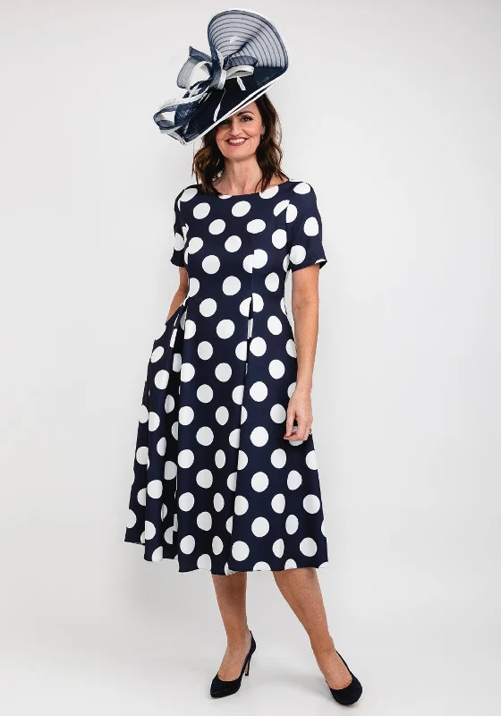 Coco Doll Cade Box Pleat Polka Dot Midi Dress, Navy Cozy Spaghetti Strap Midi Dress