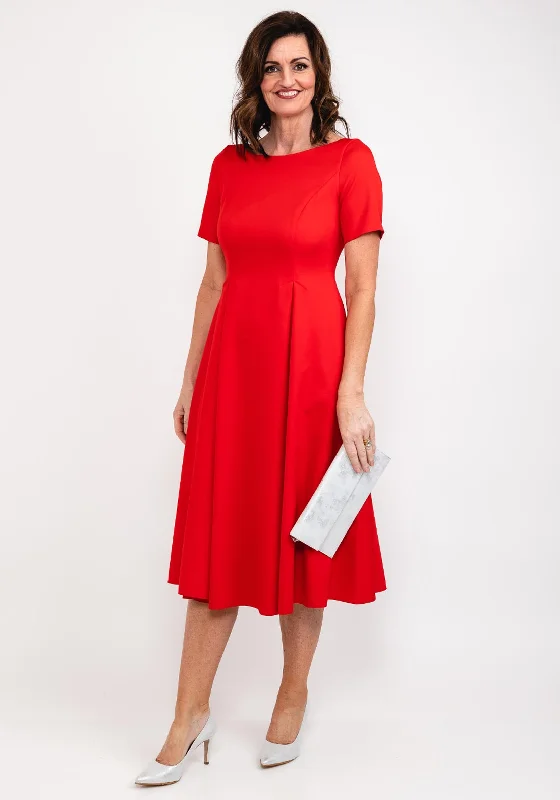 Coco Doll Cade Box Pleat Midi Dress, Red Comfortable Fit-and-Flare Midi Dress