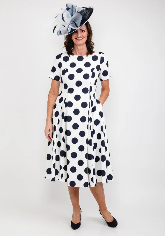 Coco Doll Cade Box Pleat Polka Dot Midi Dress, White Trendy Midi Dress with Belt