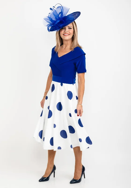 Coco Doll Polka Dot Skirt Midi Dress, Royal Blue Comfortable Fit-and-Flare Midi Dress