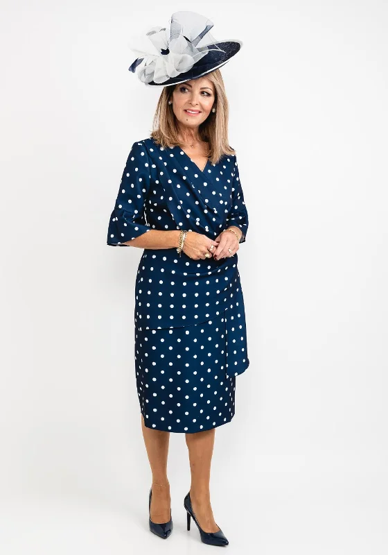 Coco Doll Robi Polka Dot Draped Midi Dress, Navy Trendy Ruffled Sleeve Midi Dress