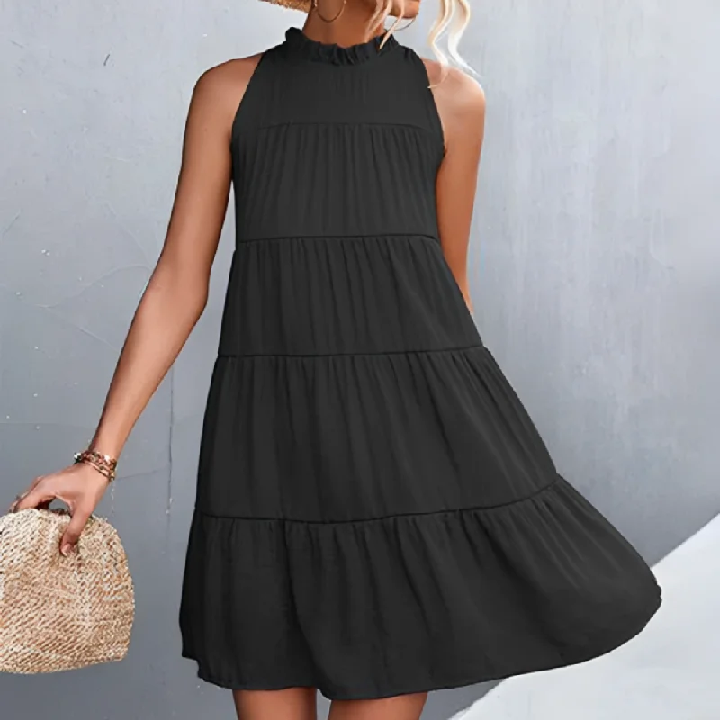 Cool Plain Sleeveless Black Mini Dress Fashionable Mini Dress with Pockets