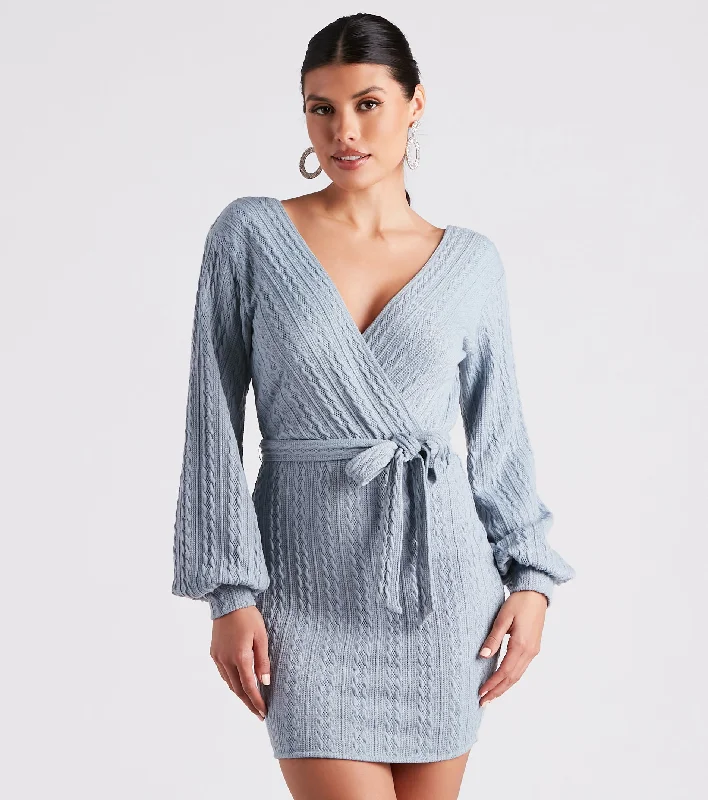 Cozy Cable Knit Tie-Front Mini Dress Elegant Off-Shoulder Dress Mini