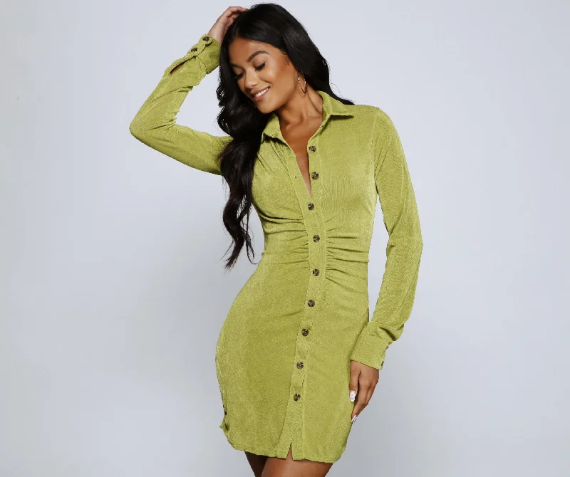 Crazy About Ruche Collared Mini Dress Casual V-Neck Mini Dress