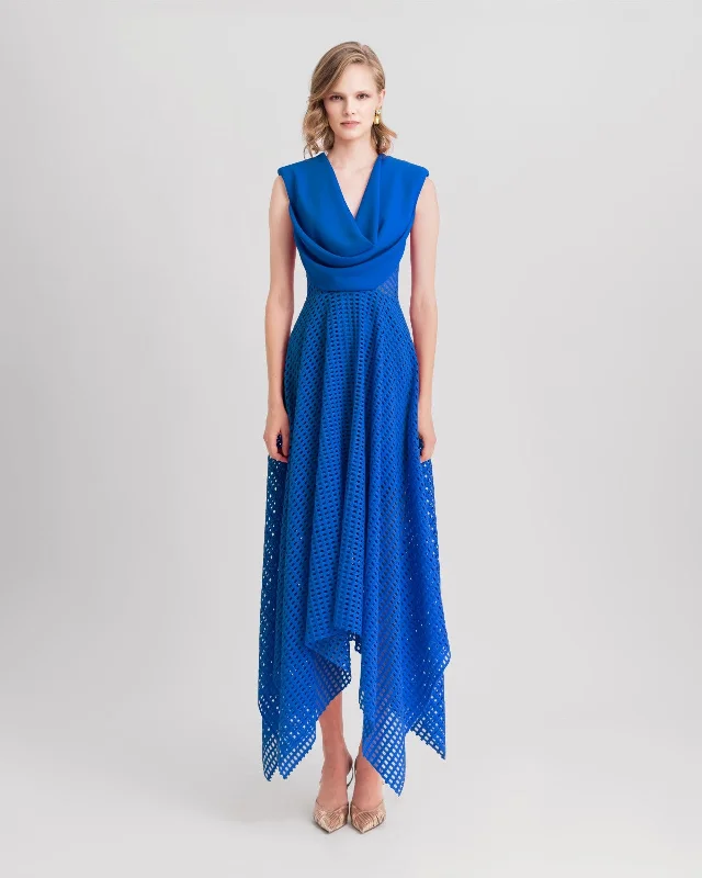 Crochet Lace Royal Blue Midi Dress Trendy Long Sleeve Midi Dress