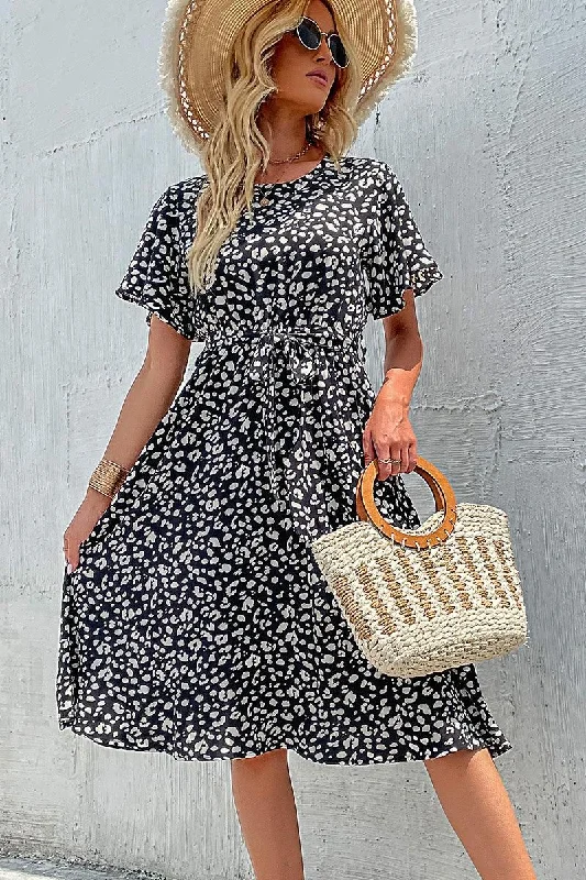 LEOPARD TIED WAIST FLARE MIDI DRESS Elegant V-Neck Midi Dress