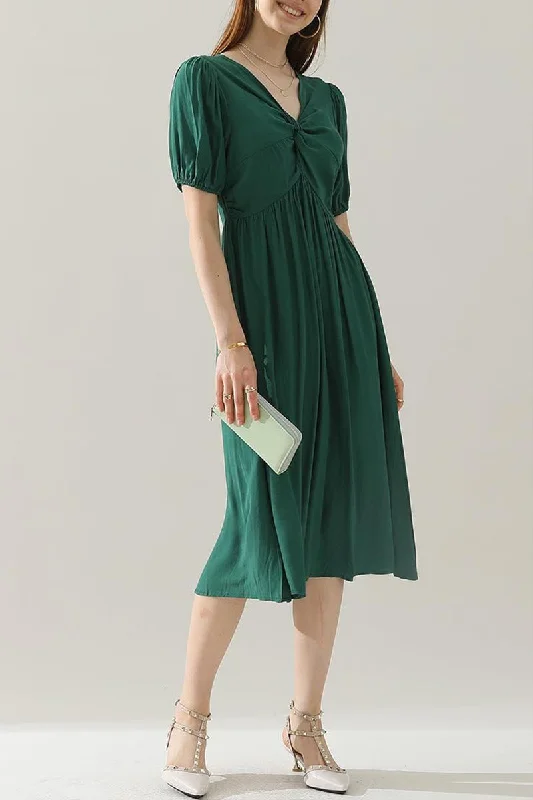 KINK V NECK BALLOON SLEEVE RUFFLED MIDI DRESS Chic Bohemian Midi Dress