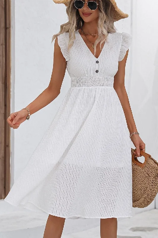 WOMEN FRILL ANGEL SLEEVE V NECK MESH MIDI DRESS Chic Off-Shoulder Midi Dress