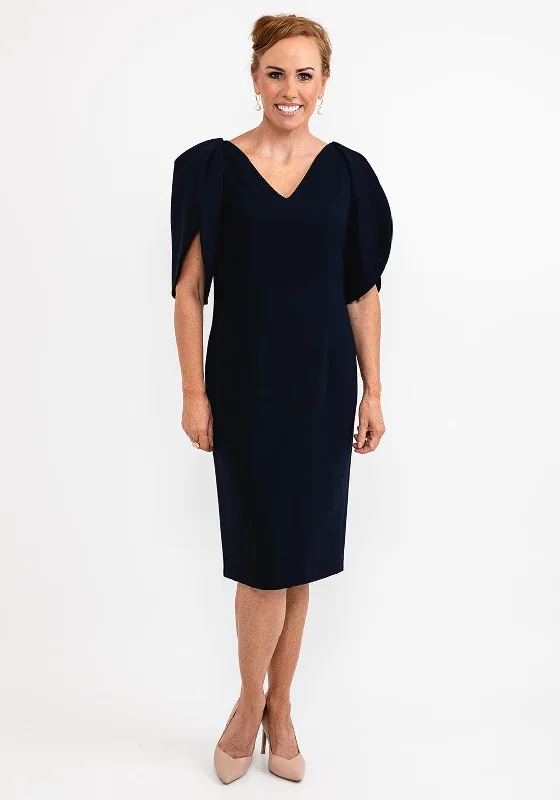 Ella Boo Oversize Tulip Sleeve Pencil Midi Dress, Navy Stylish Wraparound Midi Dress