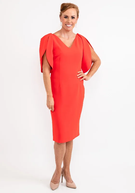 Ella Boo Oversize Tulip Sleeve Pencil Midi Dress, Red Fashionable Fitted Midi Dress