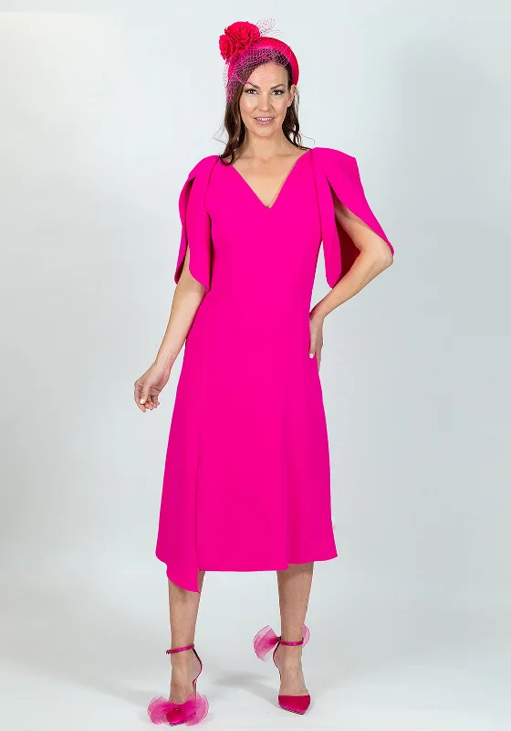 Ella Boo Oversize Tulip Sleeve Midi Dress, Hot Pink Comfortable Short Sleeve Midi Dress
