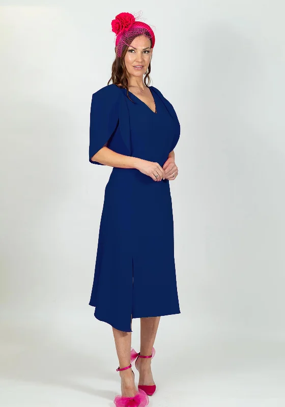 Ella Boo Oversize Tulip Sleeve Midi Dress, Royal Blue Elegant Floral Appliqué Midi Dress