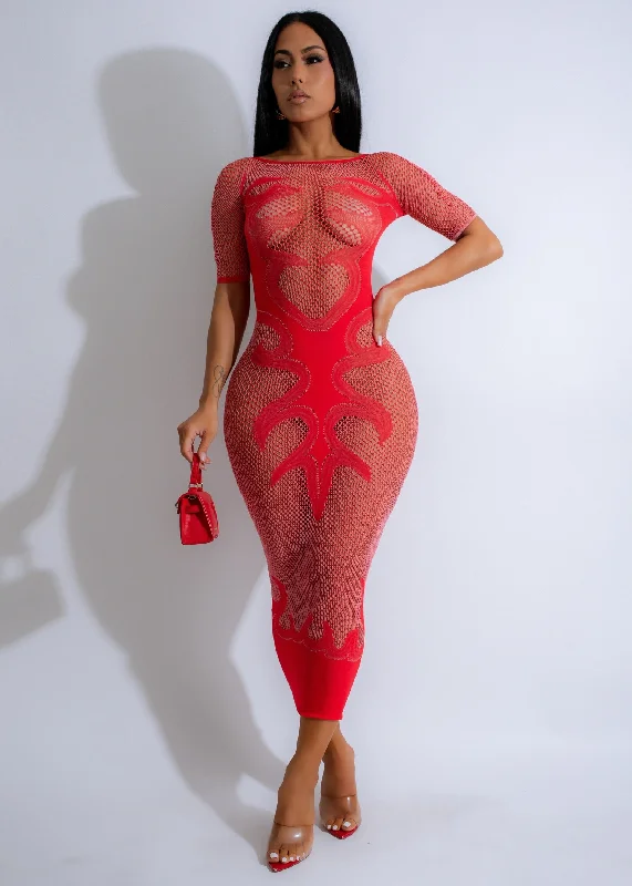 Ember Lace Midi Dress Red Trendy Boho Midi Dress