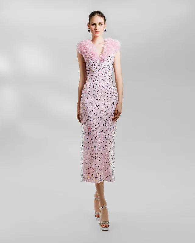 Beaded Pink Midi Dress Stylish Midi Dress with Cuffs