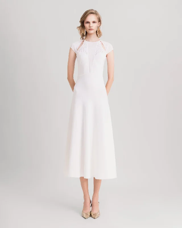 White Knit Midi Dress With Cut-Outs Trendy Off-Shoulder Ruffle Midi Dress