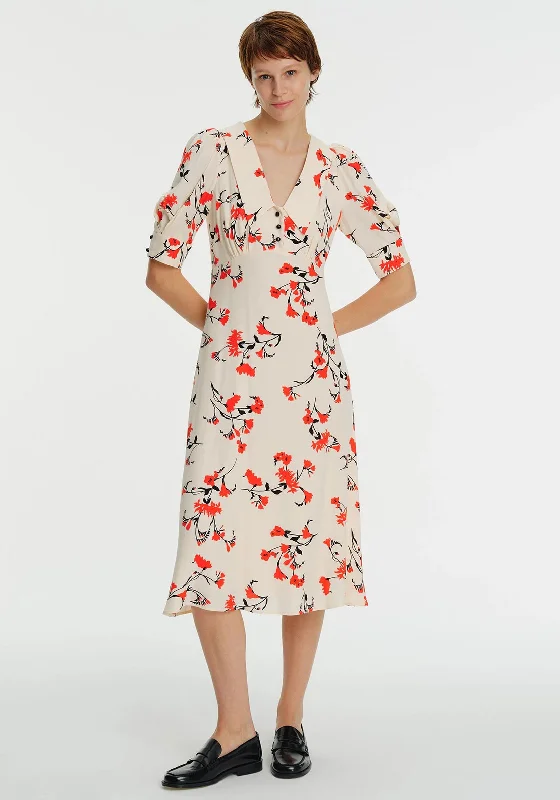 Exquise Oriental Floral Collared Midi Dress, Multi Comfortable Wrap Midi Dress