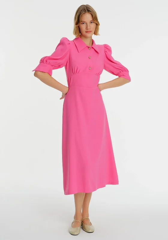 Exquise Collared Midi Dress, Pink Comfortable Casual Midi Dress