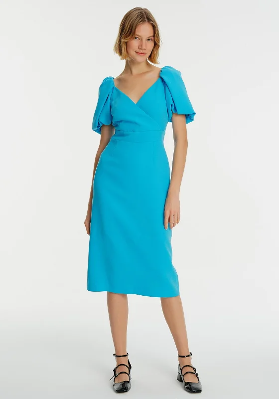 Exquise Puff Sleeve Midi Dress, Blue Stylish Vintage Midi Dress