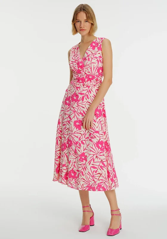 Exquise Floral Ruched Waist Midi Dress, Pink Elegant Sleeveless Midi Dress