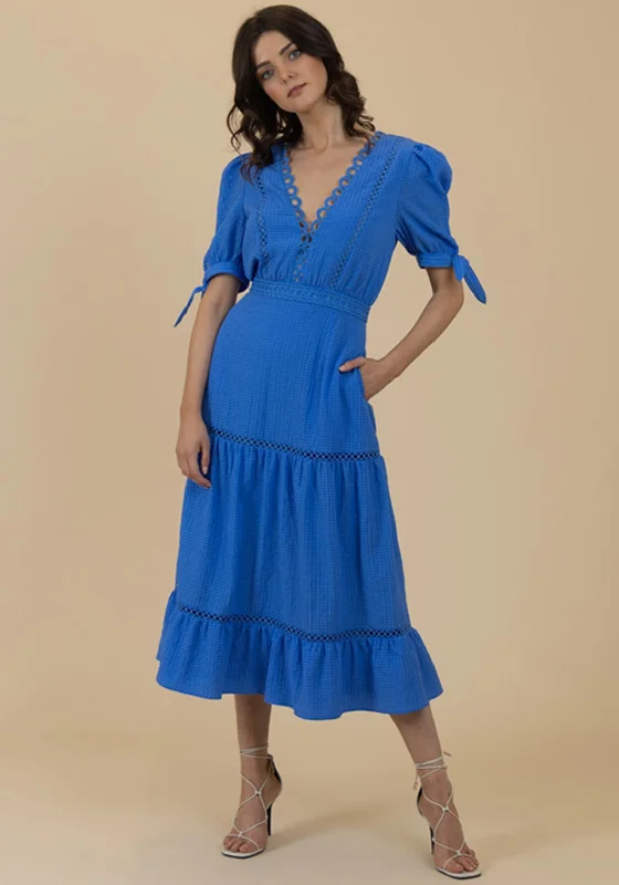 Fee G Woven A Line Midi Dress, Blue Chic Off-Shoulder Midi Dress