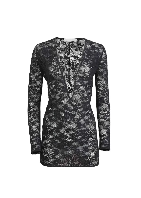 Le Stretch Lace Plunge Mini Dress (Black) Elegant Silk Mini Dress