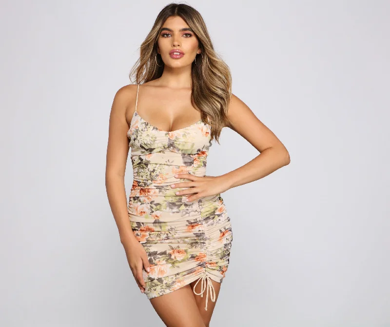 Floral Mood Ruched Mini Dress Trendy Button-Detail Mini Dress