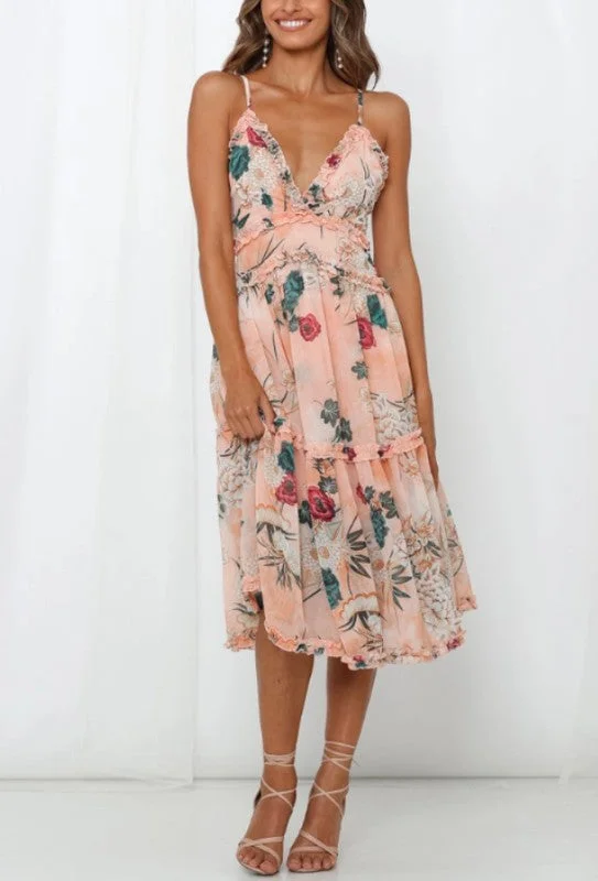 Floral Printed Ruffle Midi Dress Trendy Ruffled Sleeve Midi Dress