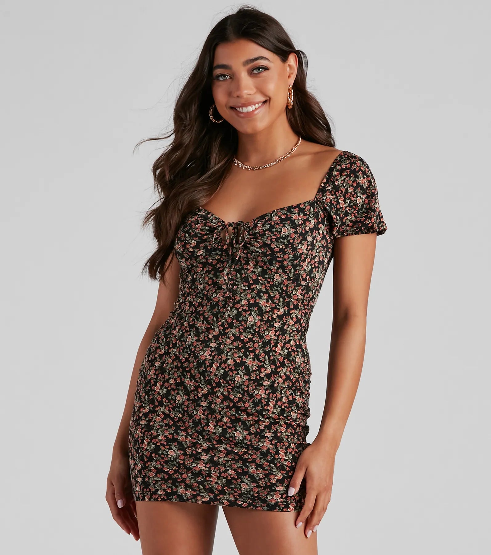 Floral Soiree Puff Sleeve Mini Dress Cozy Long Sleeve Mini Dress