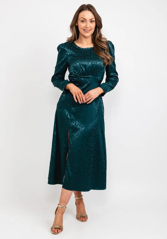 Girl in Mind Ashanti Leopard Print Midi Dress, Emerald Stylish Pleated Skirt Midi Dress