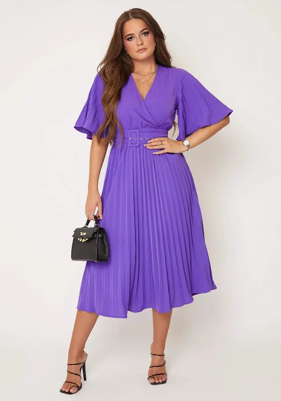 Girl in Mind Felicia Pleated Midi Dress, Violet Trendy Fit-and-Flare Midi Dress