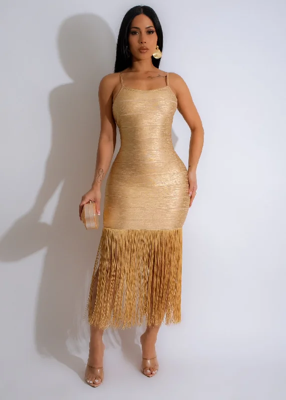 Elegance Metallic Bandage Fringe Midi Dress Gold Comfortable Casual Midi Dress