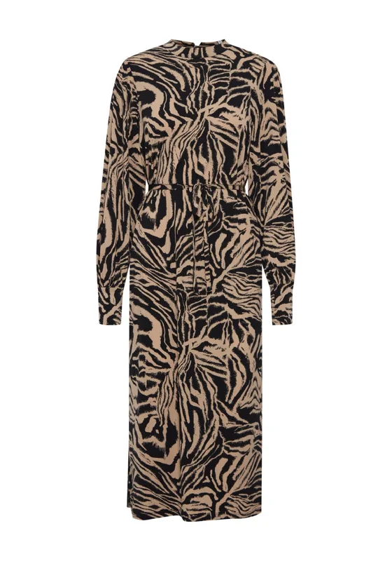 Ichi Animal Print A-Line Midi Dress, Tan & Black Cozy Knit Midi Dress