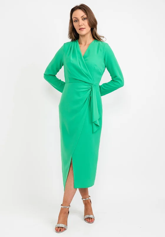 Kameya Faux Wrap Midi Dress, Shamrock Stylish Midi Dress with Cuffs