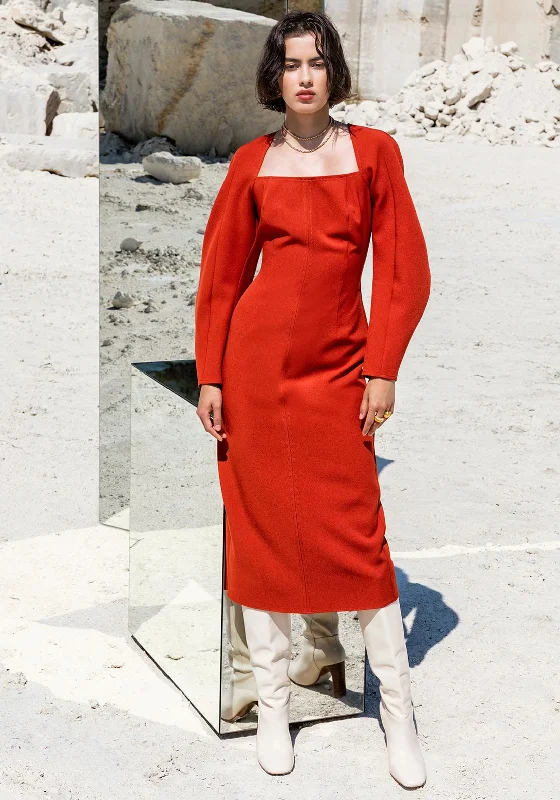 Kameya Square Neck Midi Dress, Rust Chic Bohemian Midi Dress