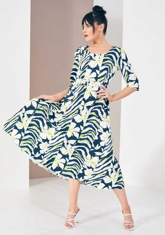 Kate Cooper Floral & Animal Print Midi Dress, Navy Multi Comfortable Fit-and-Flare Midi Dress