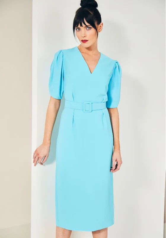 Kate Cooper Belted Straight Midi Dress, Aqua Fashionable Floral Embroidery Midi Dress